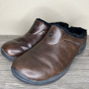 Merrell Encore Ice Smooth Brown Leather Mules Clogs Womens 9.5 Sherpa Lined